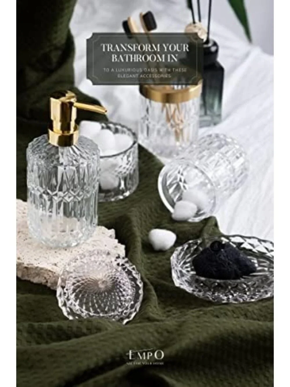 6PC Clear Glass Bathroom Accessories Set - Modern Soap Dispenser, Toothbrush